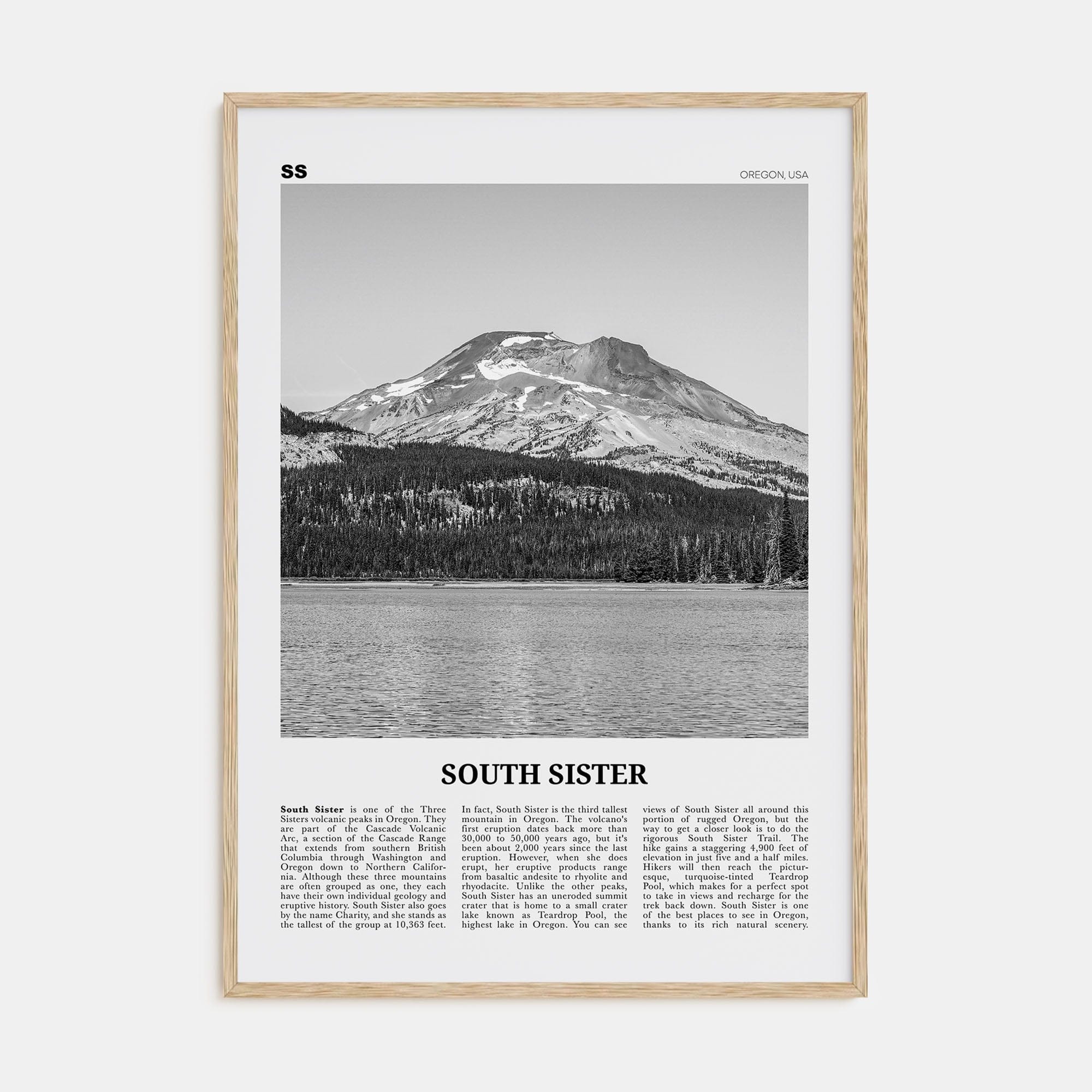 South Sister Poster Natural Wood / 8x12 in Nbourhood Travel B&W Poster