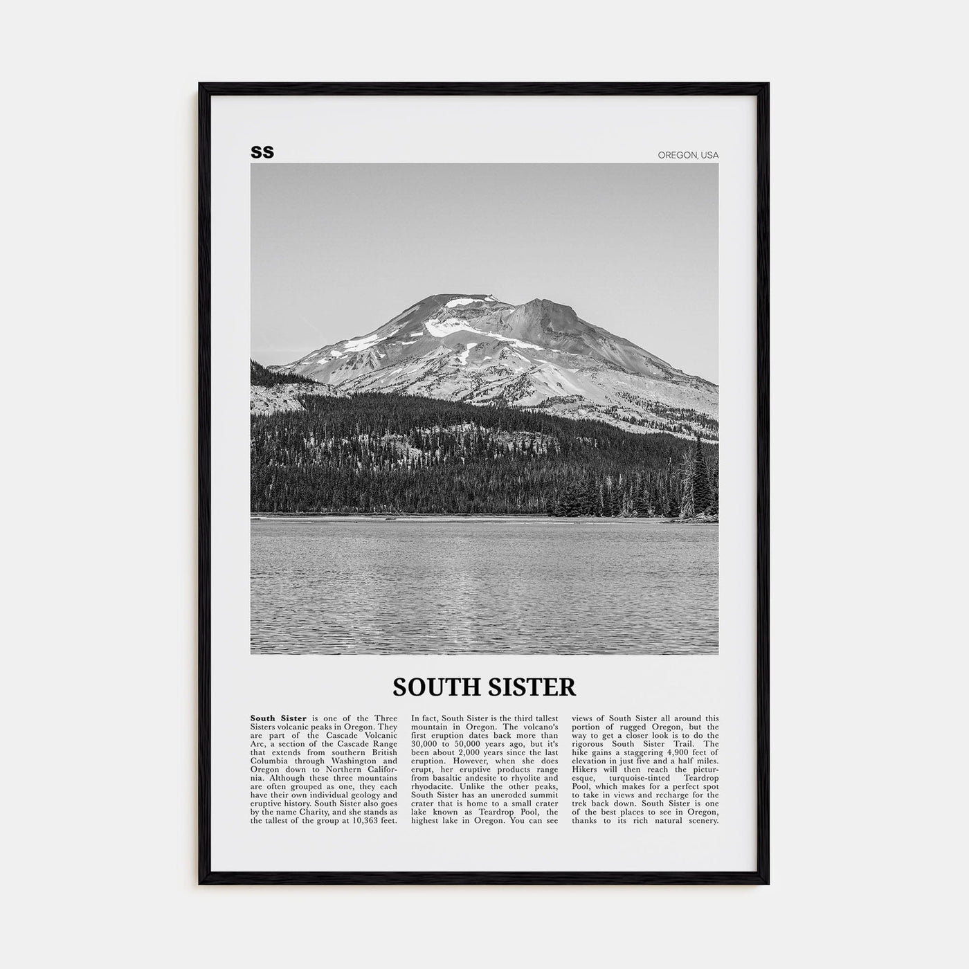 South Sister Poster Black Wood / 8x12 in Nbourhood Travel B&W Poster