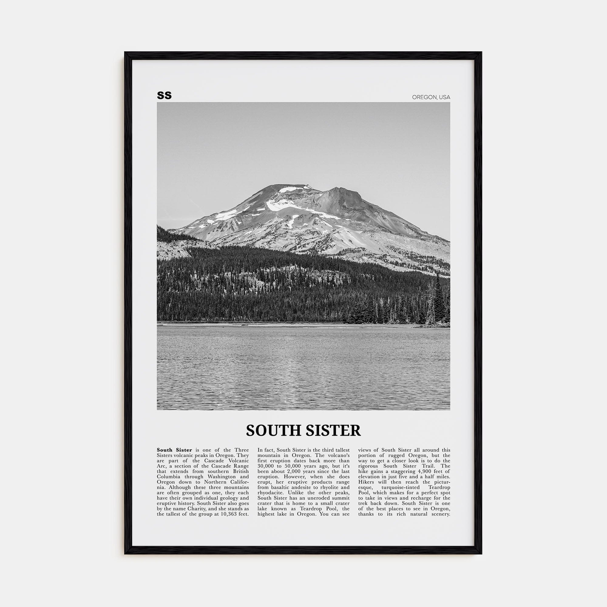 South Sister Poster Black Wood / 8x12 in Nbourhood Travel B&W Poster