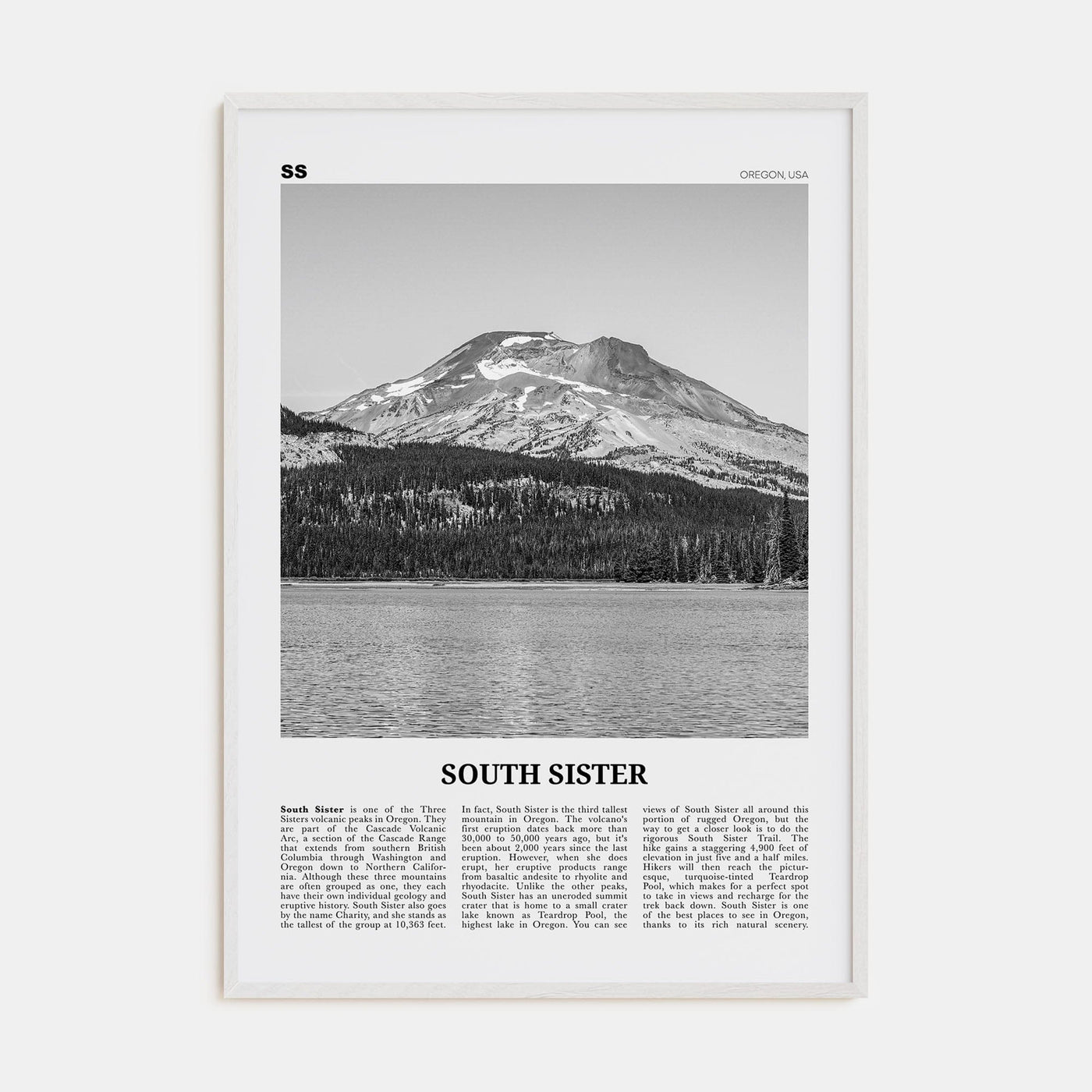 South Sister Poster White Wood / 8x12 in Nbourhood Travel B&W Poster