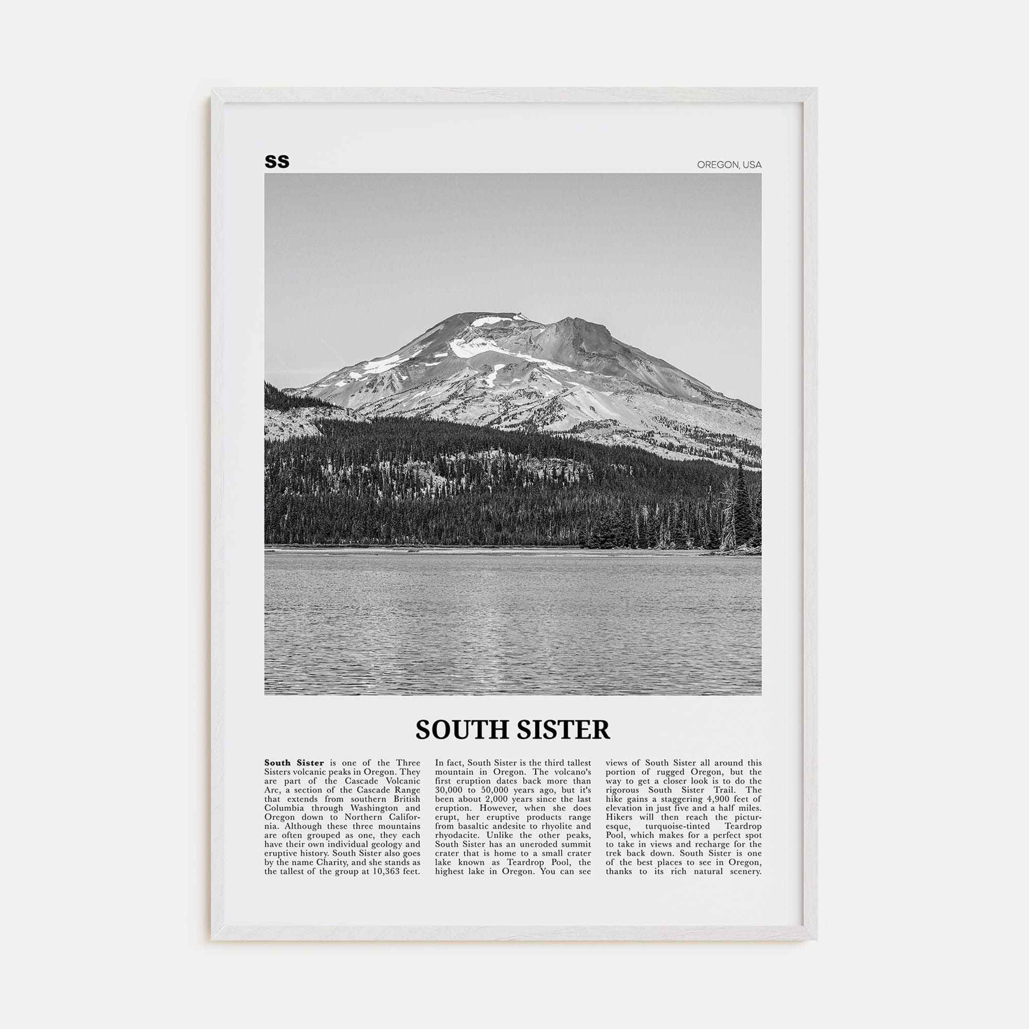 South Sister Poster White Wood / 8x12 in Nbourhood Travel B&W Poster