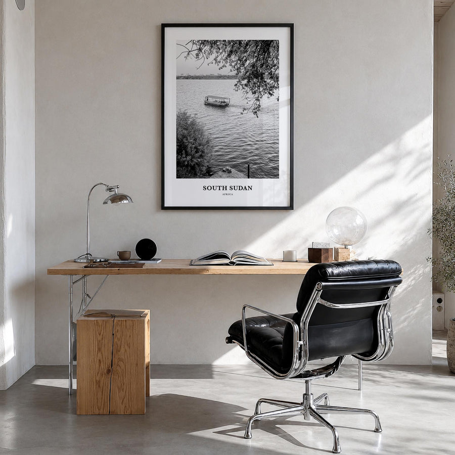 South Sudan black & white classic poster of Africa – vertical wall art in black wood frame, hanging on wall