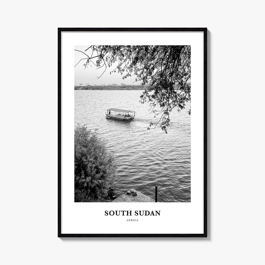 South Sudan black & white classic poster of Africa – vertical wall art, unframed print shown in interior mockup