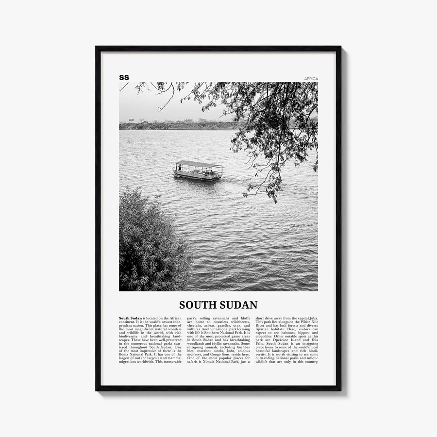 South Sudan black & white newspaper poster of Africa – vertical wall art, unframed print shown in interior mockup