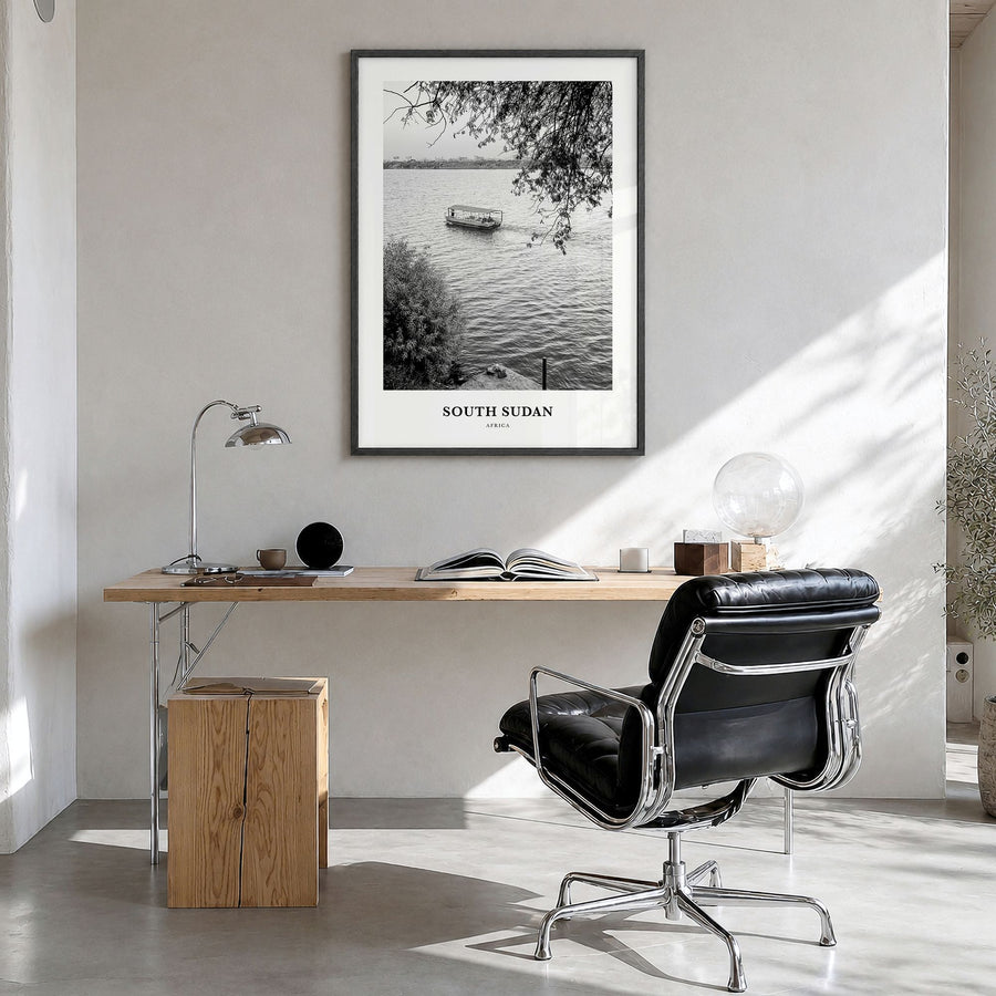 South Sudan Classic Poster in a black wood frame, hanging in a bright home office