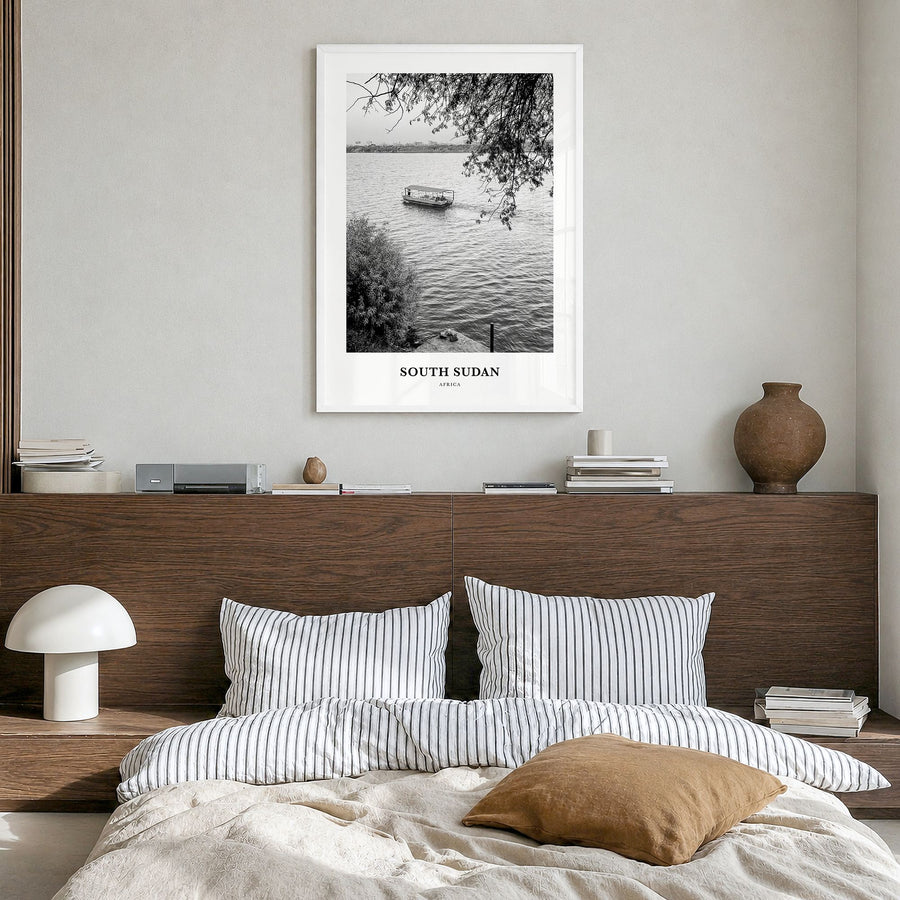 South Sudan Classic Poster in a white wood frame, hanging in a bedroom