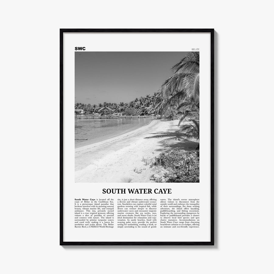 South Water Caye black & white newspaper poster of Belize – vertical wall art, unframed print shown in interior mockup