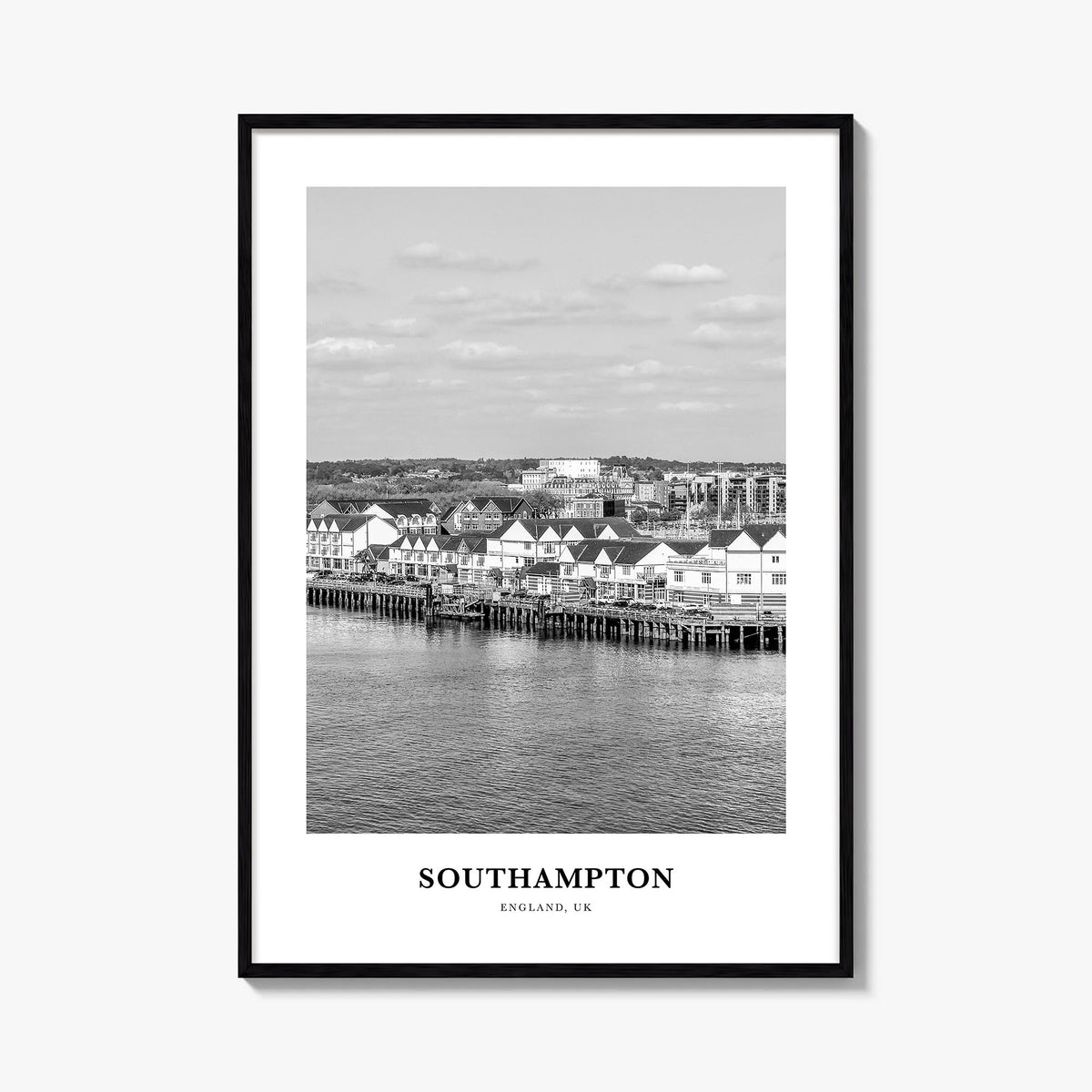 Southampton, England black & white classic poster of United Kingdom – vertical wall art, unframed print shown in interior moc