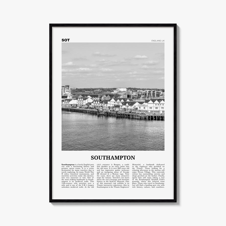 Southampton, England black & white newspaper poster of United Kingdom – vertical wall art, unframed print shown in interior m