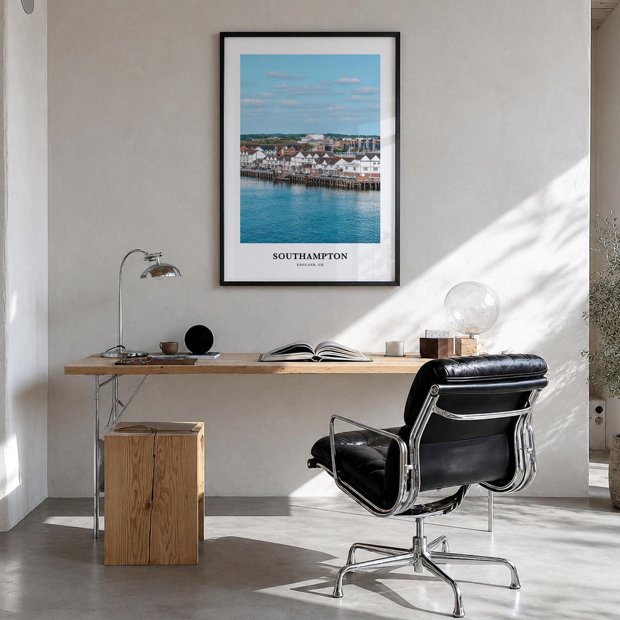 Southampton, England colorful classic poster of United Kingdom – vertical wall art in black wood frame, hanging on wall