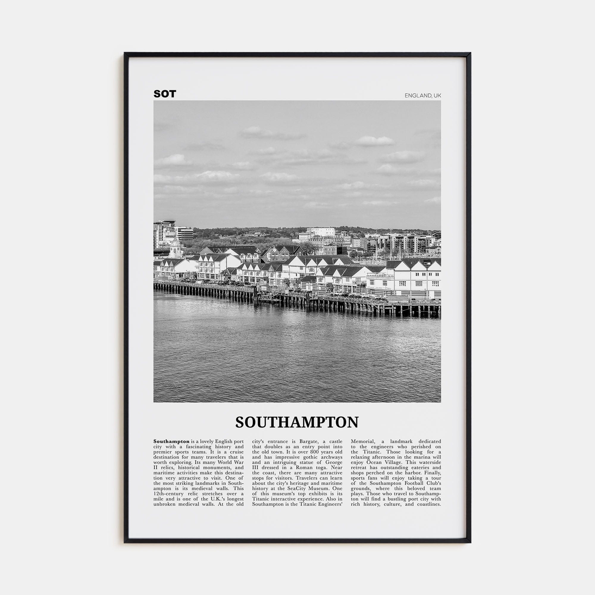 Southampton, England Poster Black Metal / 8x12 in Nbourhood Travel B&W Poster