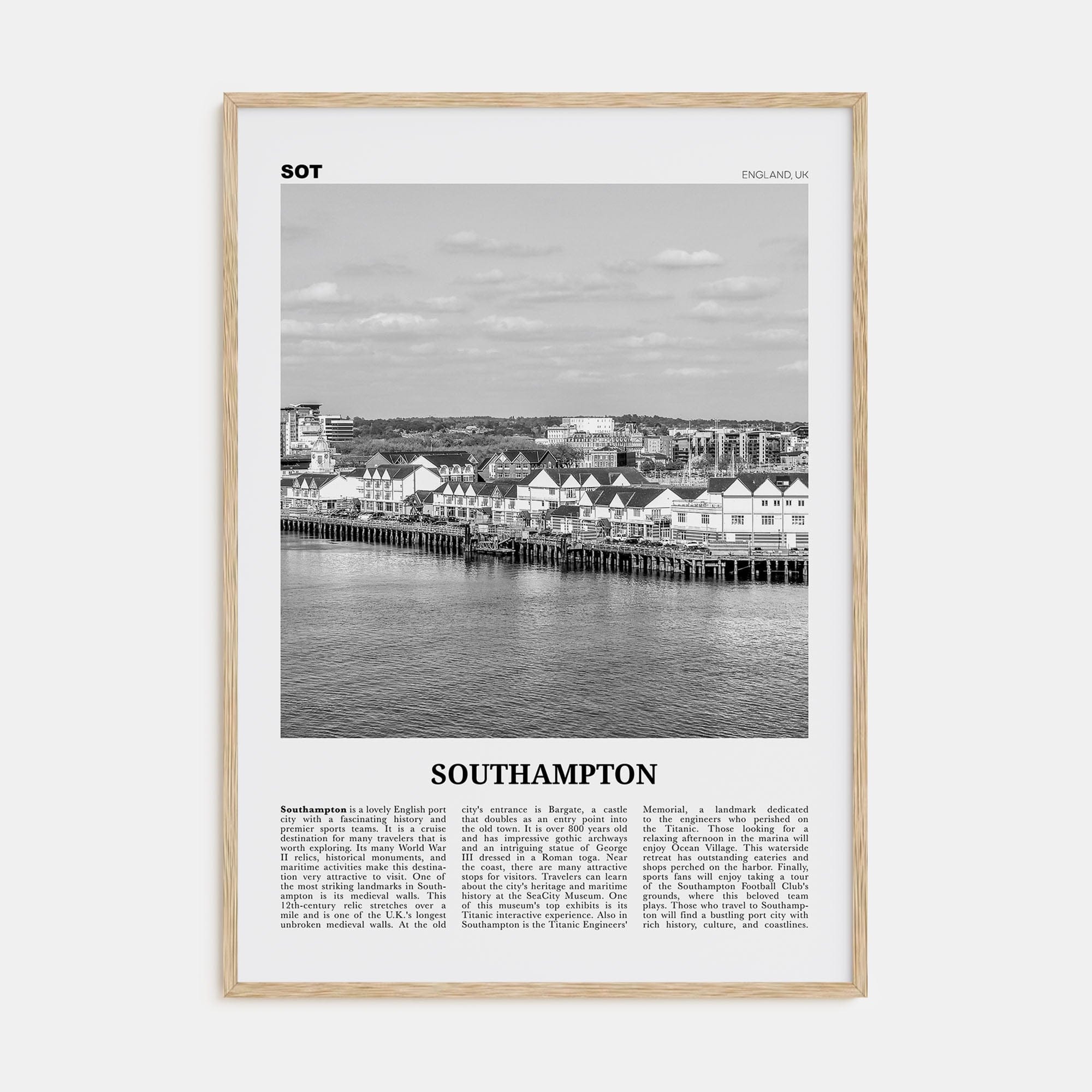 Southampton, England Poster Natural Wood / 8x12 in Nbourhood Travel B&W Poster