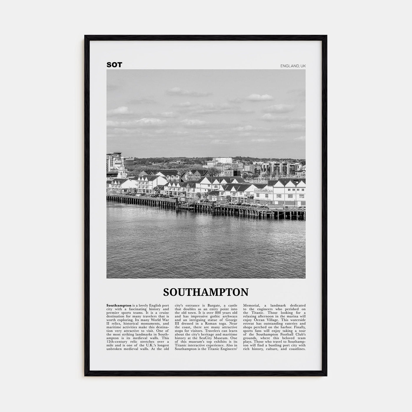 Southampton, England Poster Black Wood / 8x12 in Nbourhood Travel B&W Poster