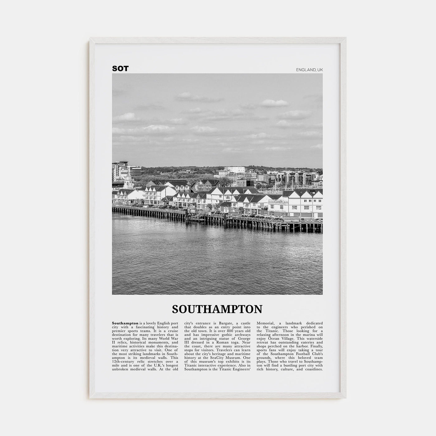 Southampton, England Poster White Wood / 8x12 in Nbourhood Travel B&W Poster