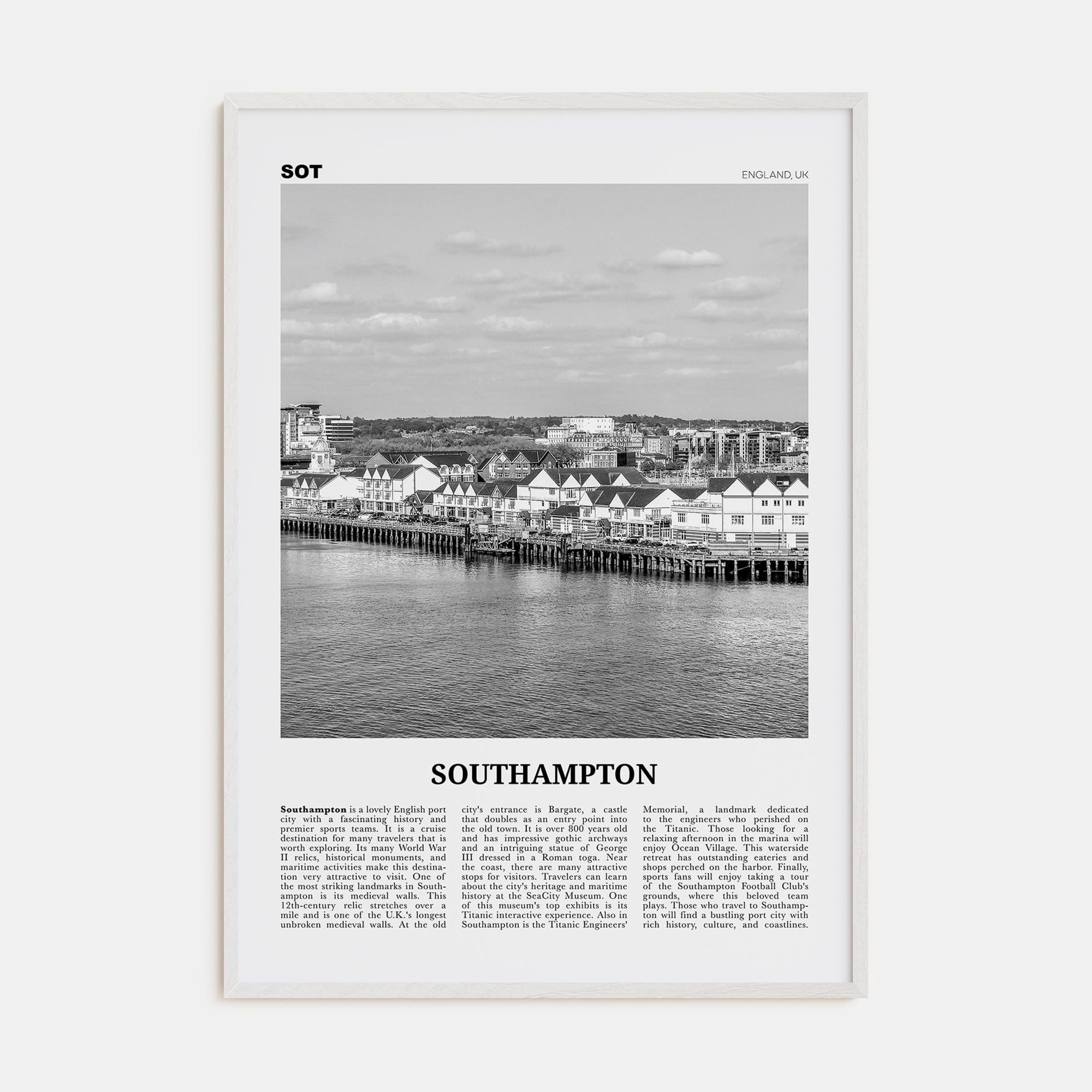 Southampton, England Poster White Wood / 8x12 in Nbourhood Travel B&W Poster