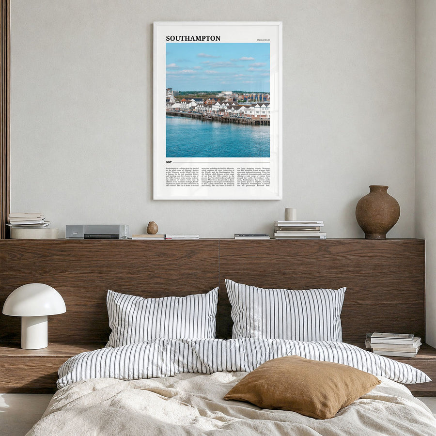 Southampton, England Travel Poster in a white wood frame, hanging in a bedroom