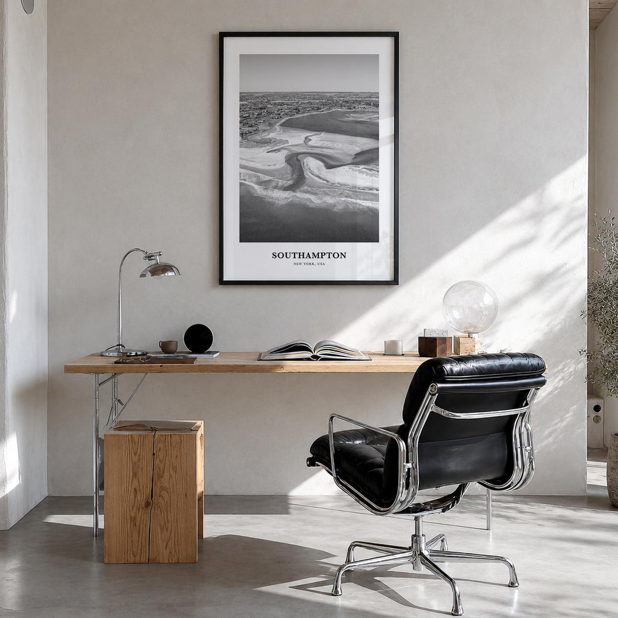 Southampton, New York black & white classic poster of New York, USA – vertical wall art in black wood frame, hanging on wall