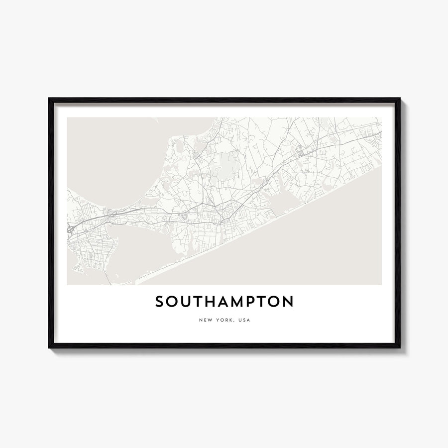 Southampton, New York black & white map poster of New York, USA – horizontal wall art, unframed print shown in interior mocku