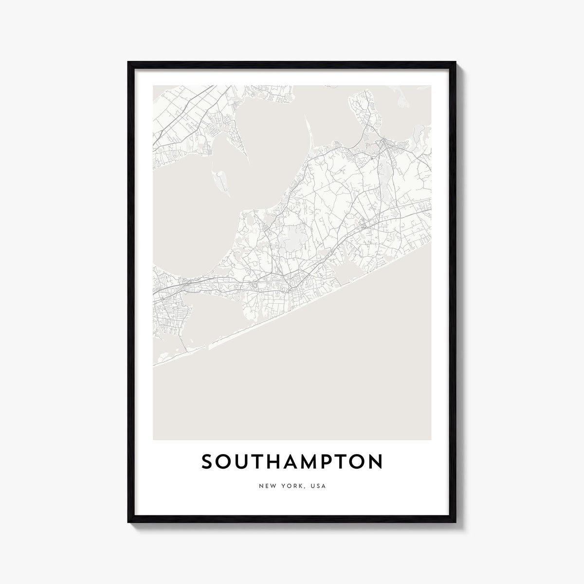 Southampton, New York black & white map poster of New York, USA – vertical wall art, unframed print shown in interior mockup
