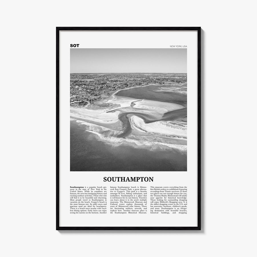 Southampton, New York black & white newspaper poster of New York, USA – vertical wall art, unframed print shown in interior m