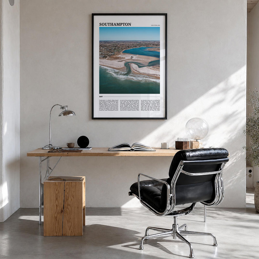 Southampton, New York colorful travel poster of New York, USA – vertical wall art in black wood frame, hanging on wall