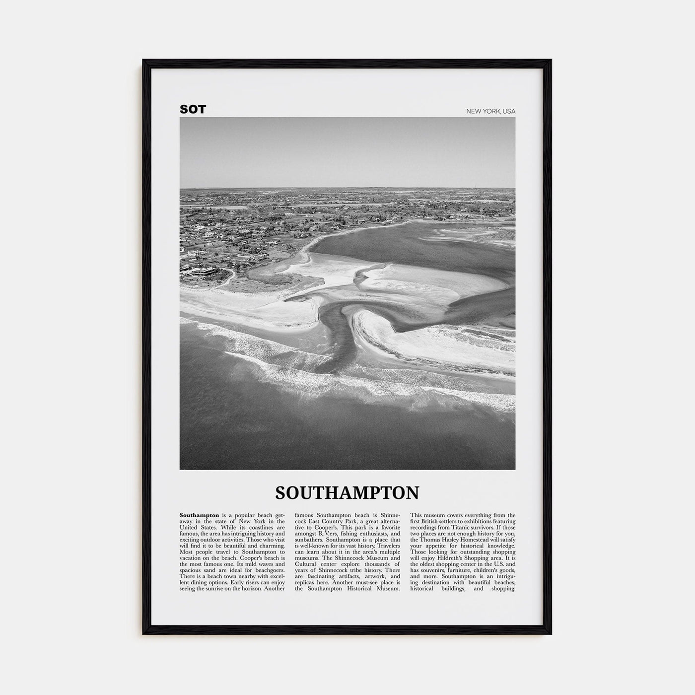 Southampton, New York Poster Black Wood / 8x12 in Nbourhood Travel B&W Poster