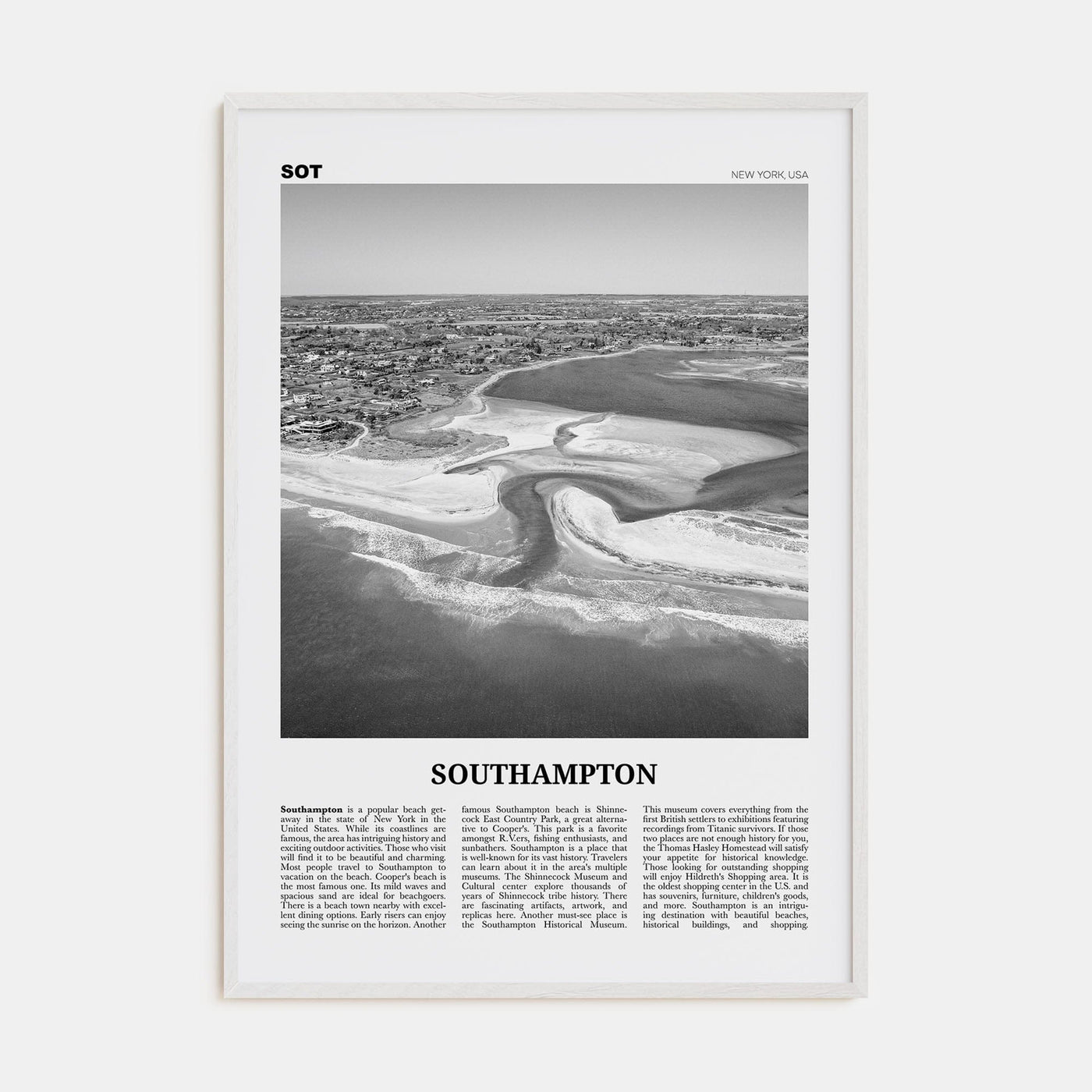 Southampton, New York Poster White Wood / 8x12 in Nbourhood Travel B&W Poster