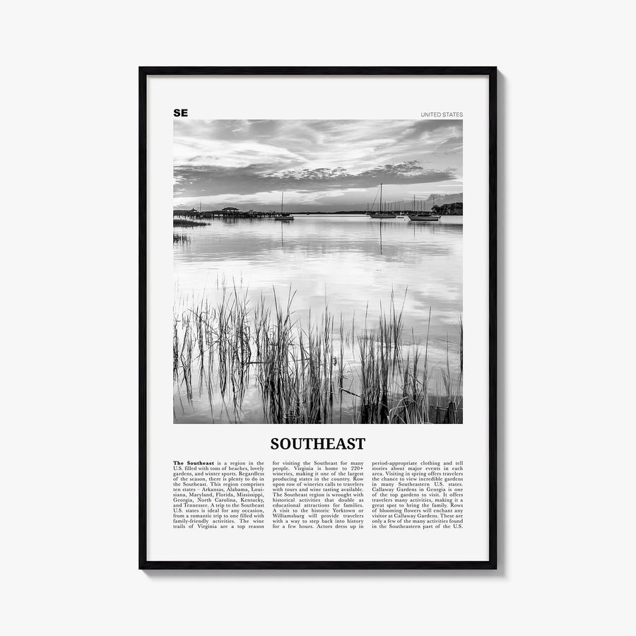 Southeast black & white newspaper poster of United States – vertical wall art, unframed print shown in interior mockup