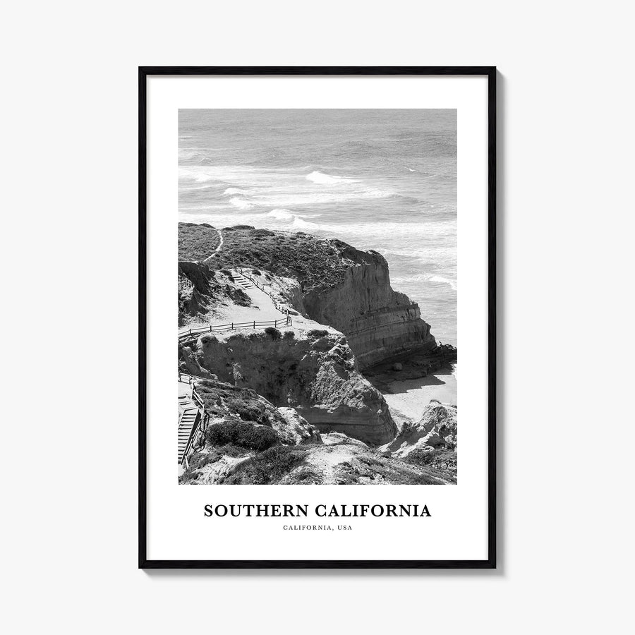 Southern California black & white classic poster of California, USA – vertical wall art, unframed print shown in interior moc