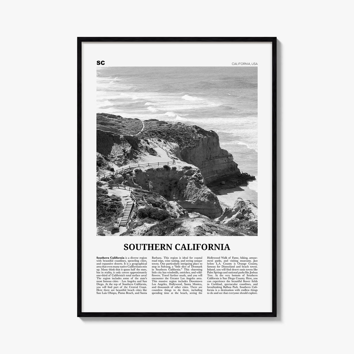 Southern California black & white newspaper poster of California, USA – vertical wall art, unframed print shown in interior m