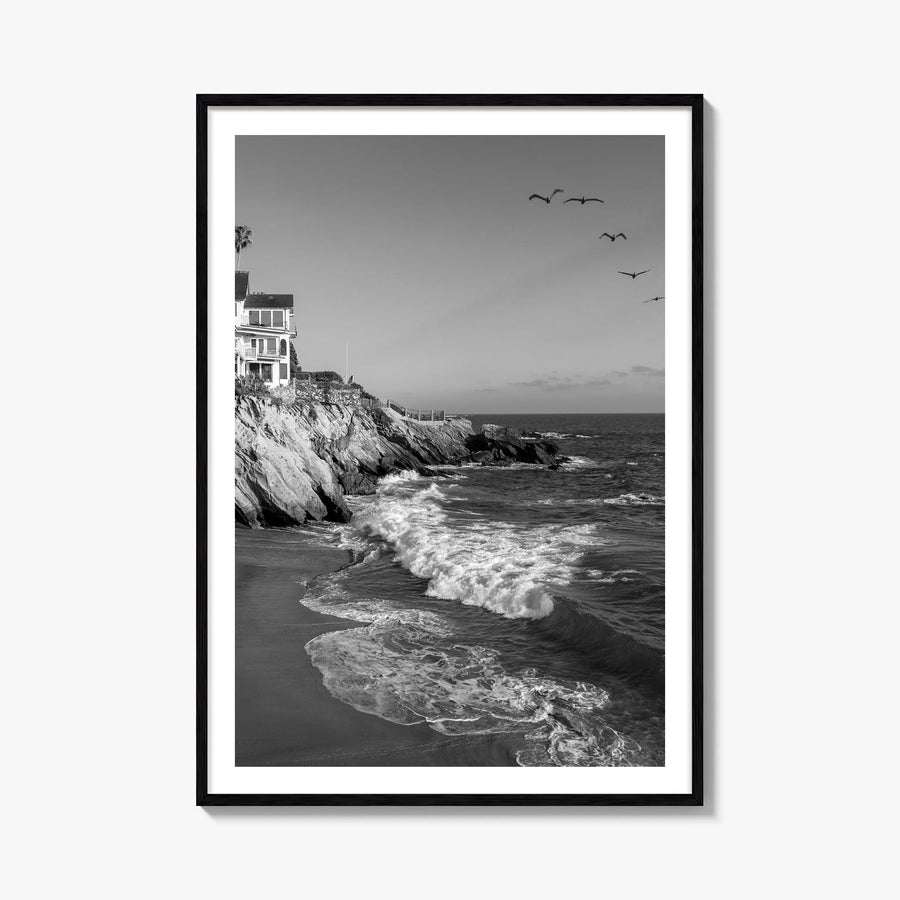 Southern California black & white photo poster of California, USA – vertical wall art, unframed print shown in interior mocku
