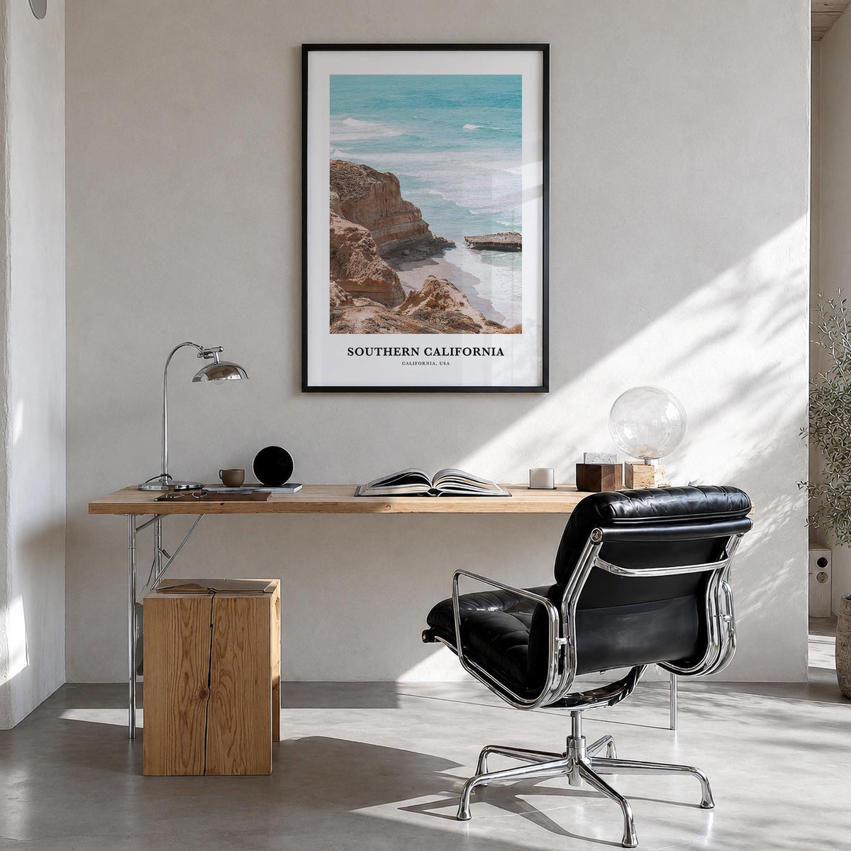 Southern California colorful classic poster of California, USA – vertical wall art in black wood frame, hanging on wall