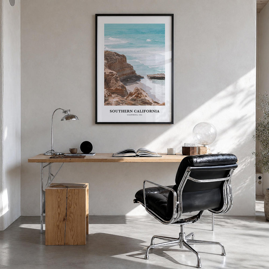 Southern California colorful classic poster of California, USA – vertical wall art in black wood frame, hanging on wall