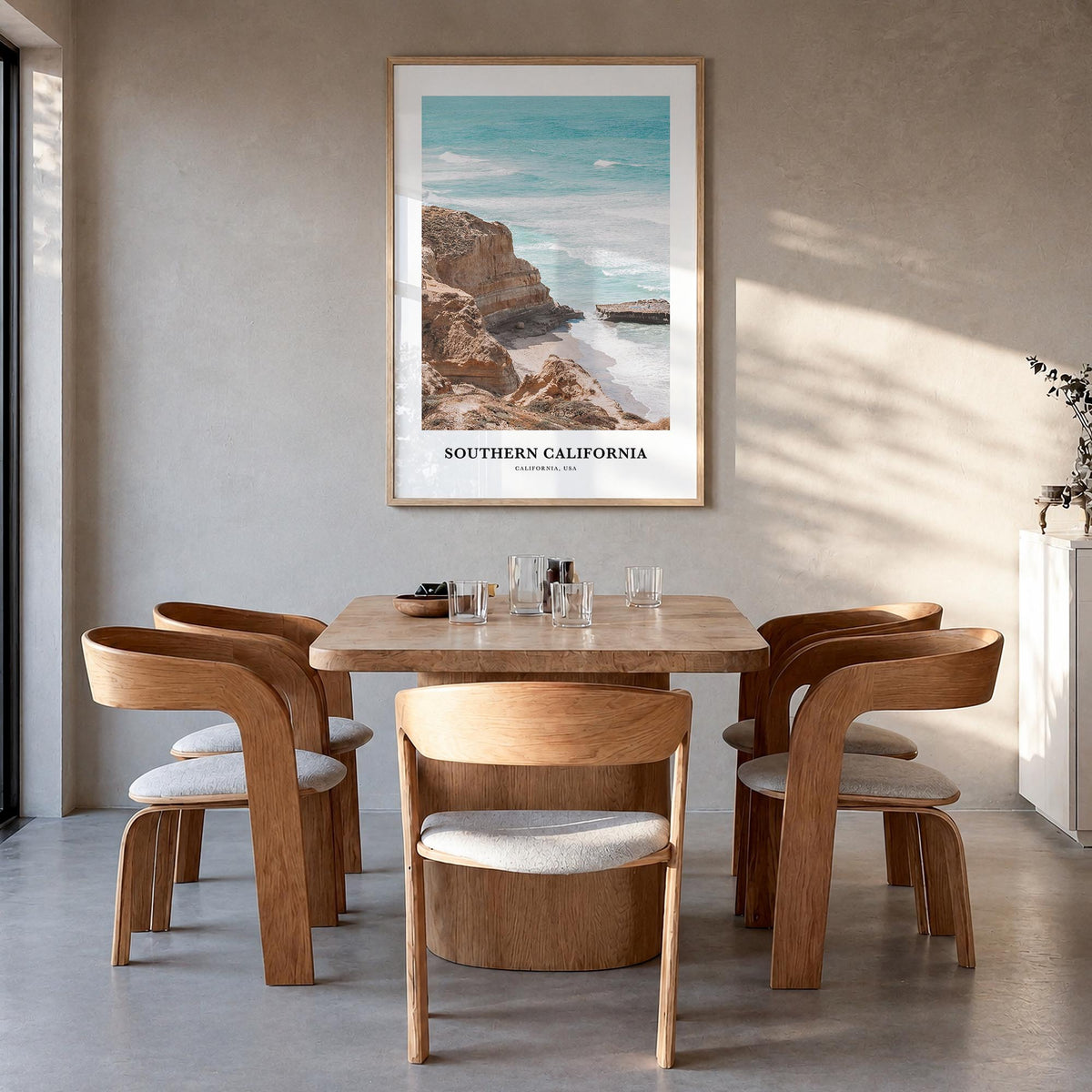 Southern California colorful classic poster of California, USA – vertical wall art in natural wood frame, hanging on wall