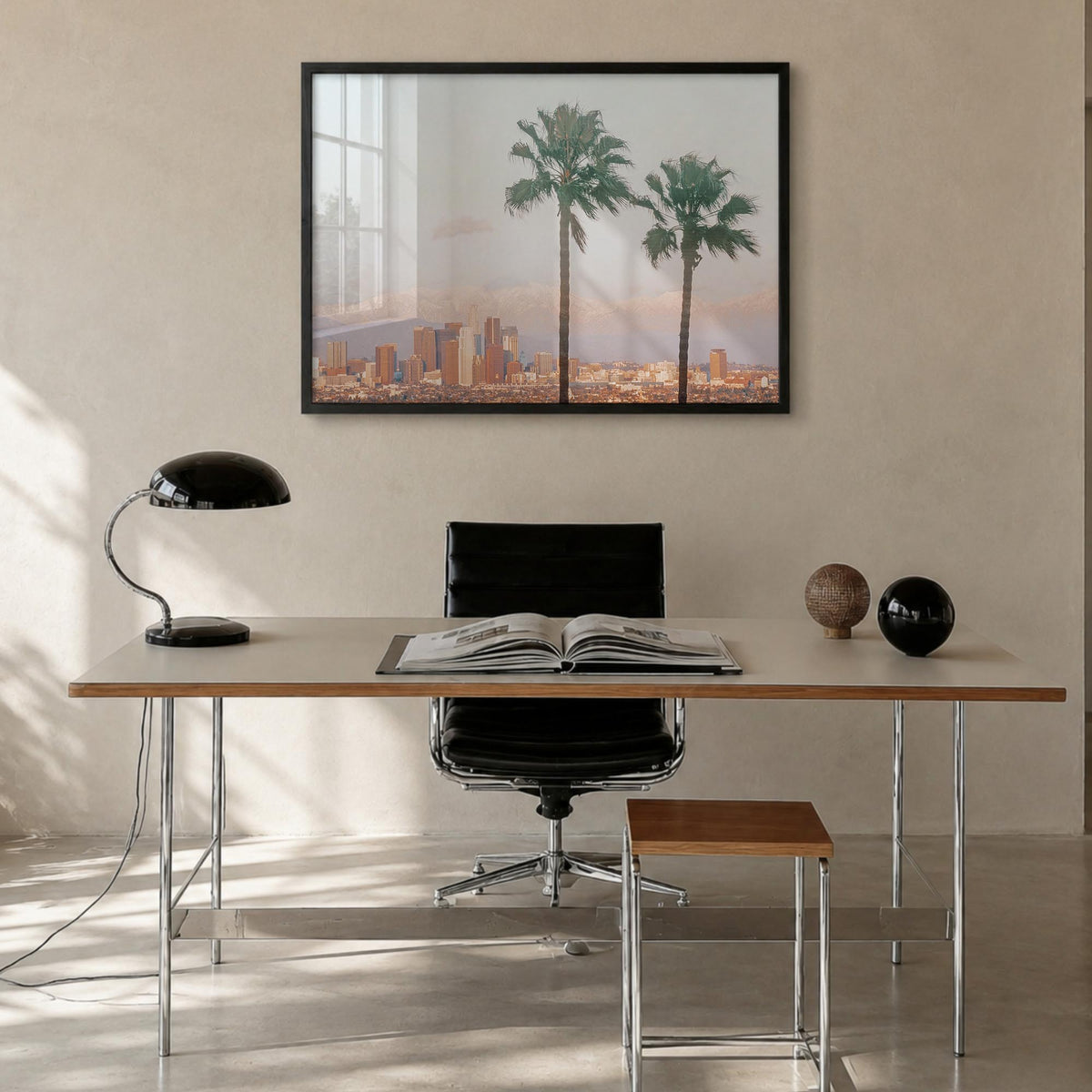 Southern California colorful photo poster of California, USA – horizontal wall art in black wood frame, hanging on wall