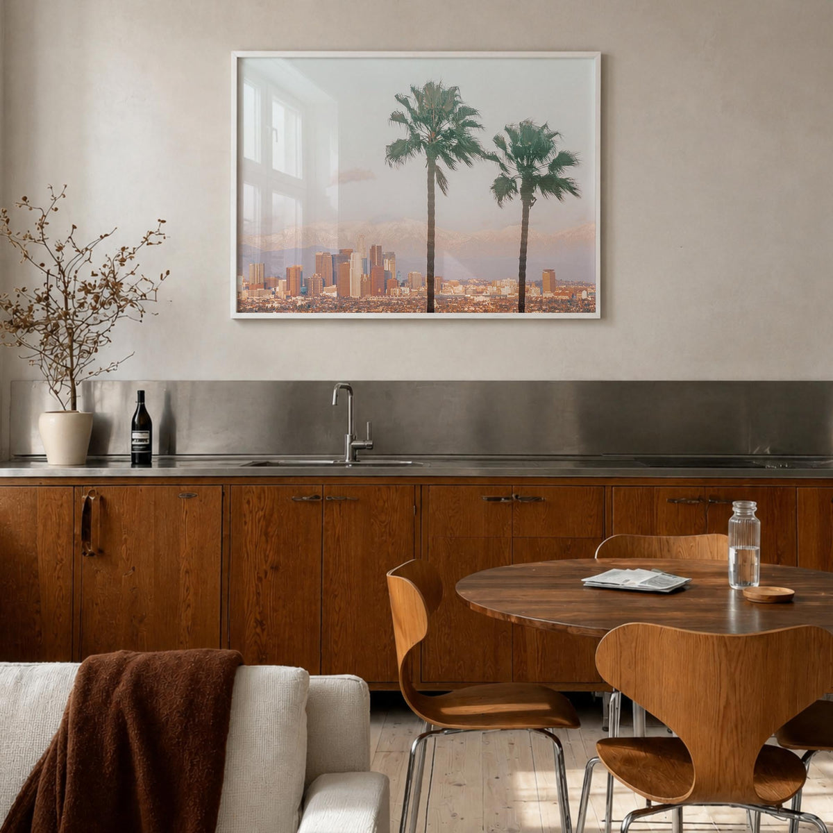 Southern California colorful photo poster of California, USA – horizontal wall art in white wood frame, hanging on wall