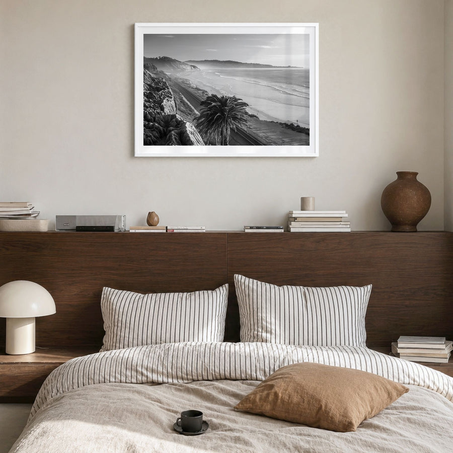 Southern California Photo Poster in a white wood frame, hanging in a bedroom, white border