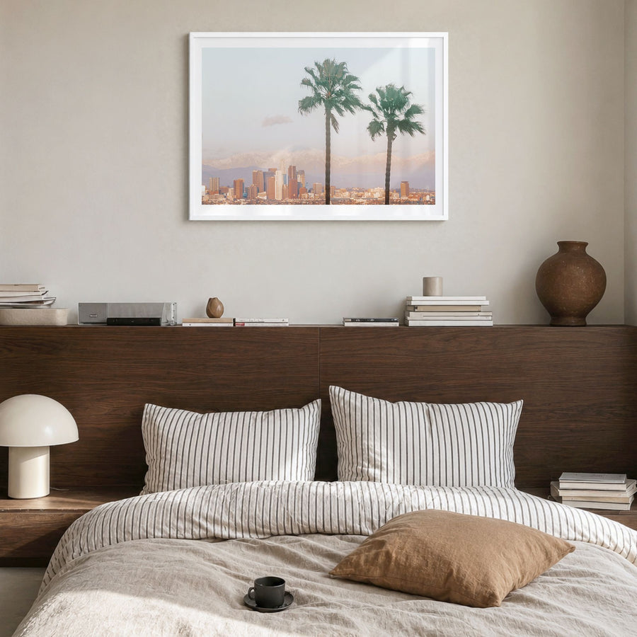Southern California Photo Poster in a white wood frame, hanging in a bedroom, white border