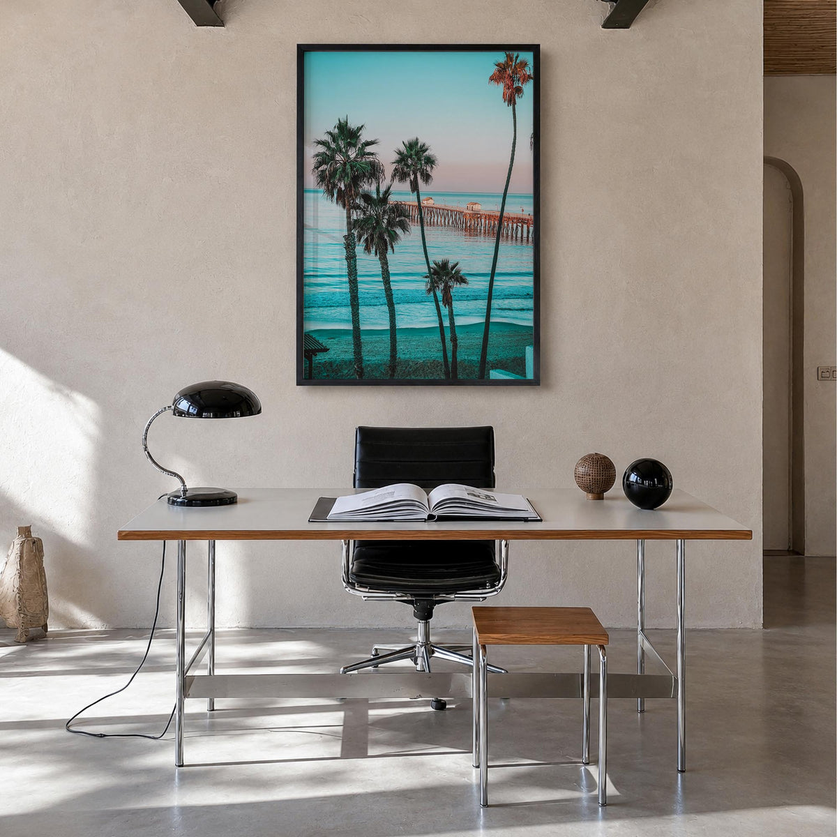 Southern California no. 1 colorful photo poster of California, USA – vertical wall art in black wood frame, hanging on wall