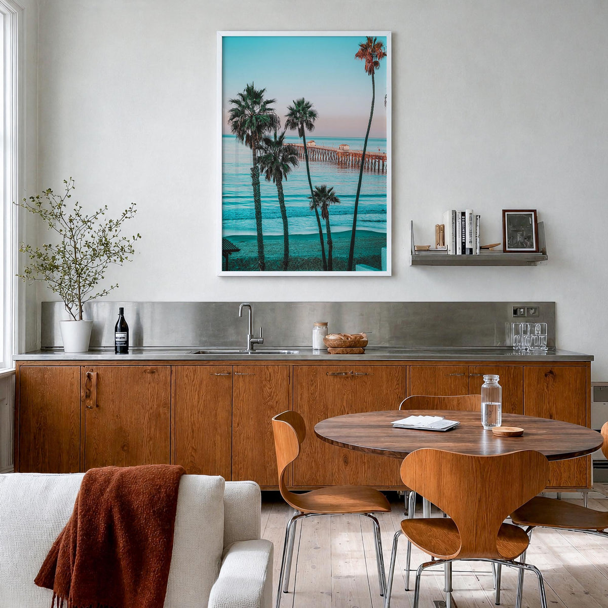 Southern California no. 1 colorful photo poster of California, USA – vertical wall art in white wood frame, hanging on wall