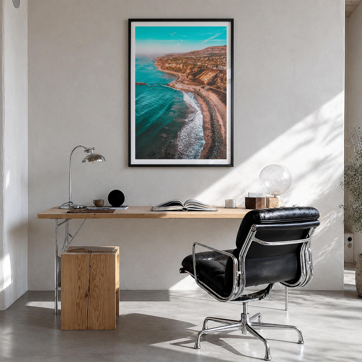Southern California no. 2 colorful photo poster of California, USA – vertical wall art in black wood frame with white border,