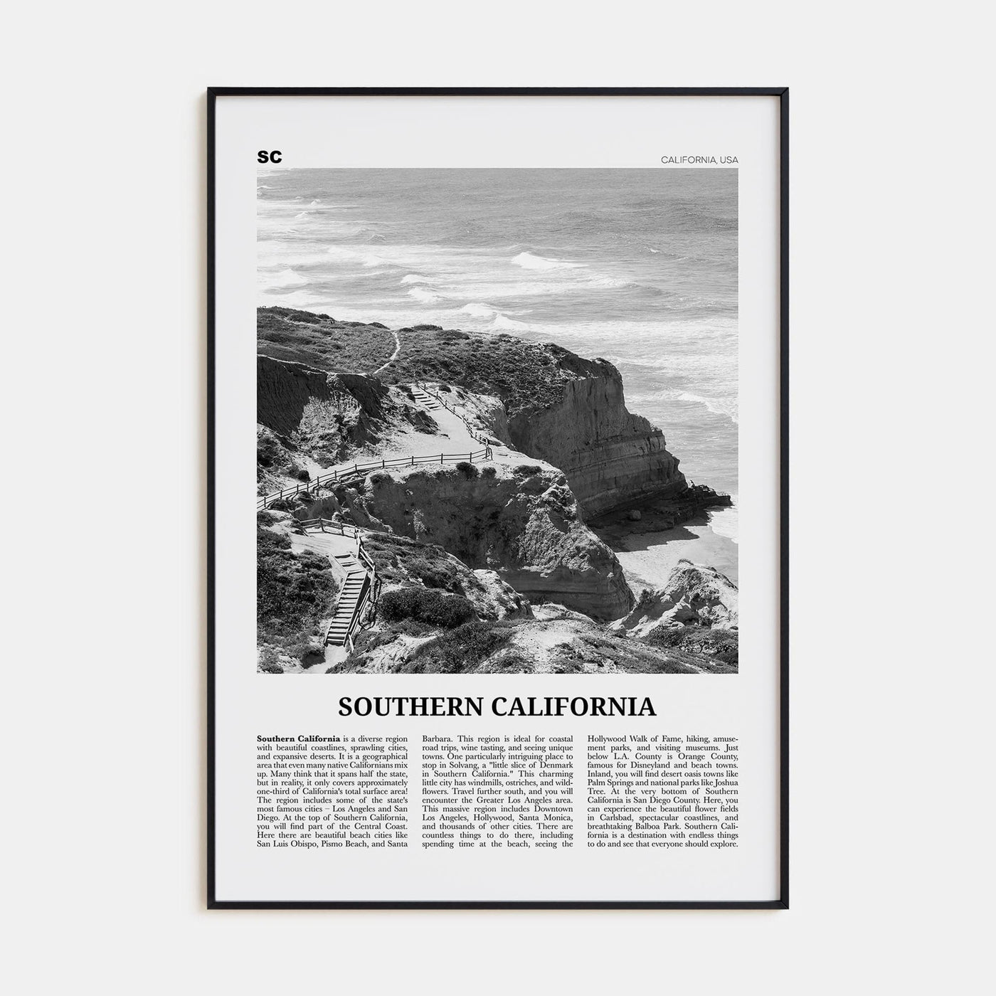 Southern California Poster Black Metal / 8x12 in Nbourhood Travel B&W Poster