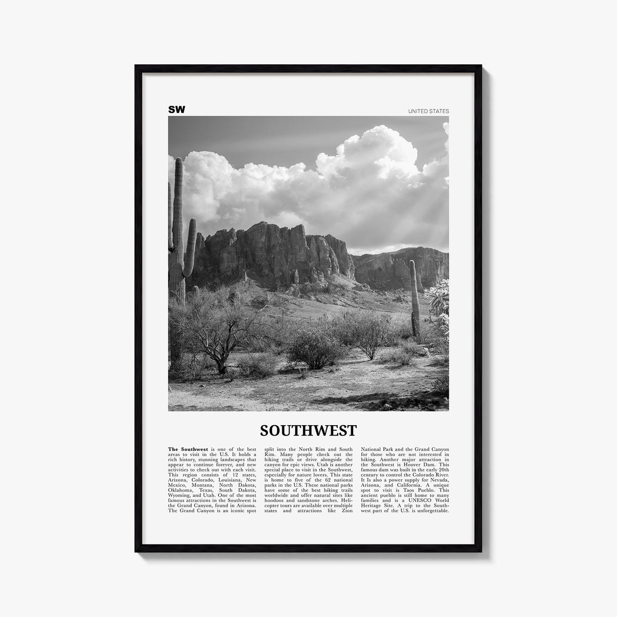 Southwest black & white newspaper poster of United States – vertical wall art, unframed print shown in interior mockup