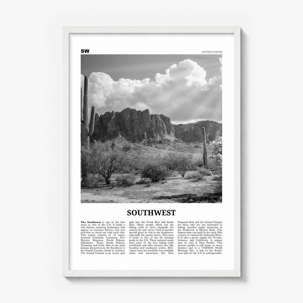Southwest Newspaper Poster in a white wood frame