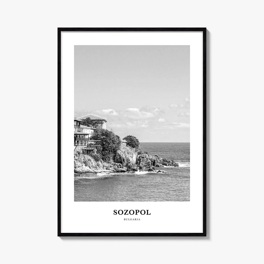 Sozopol black & white classic poster of Bulgaria – vertical wall art, unframed print shown in interior mockup