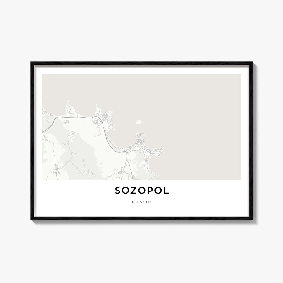 Sozopol black & white map poster of Bulgaria – horizontal wall art, unframed print shown in interior mockup