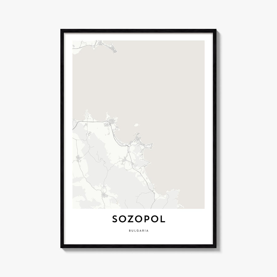 Sozopol black & white map poster of Bulgaria – vertical wall art, unframed print shown in interior mockup