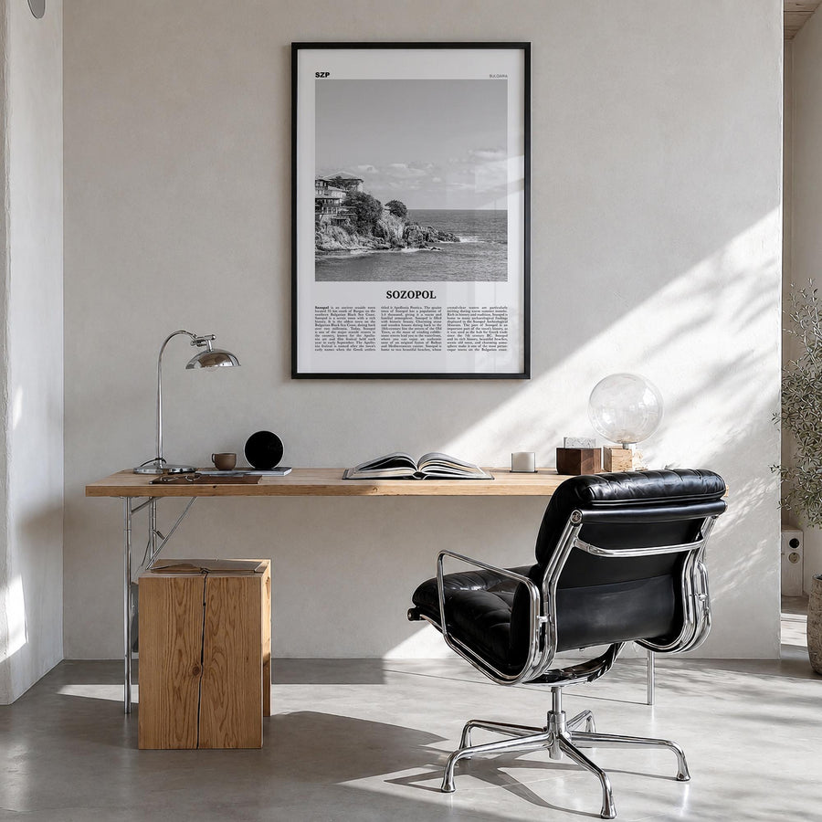 Sozopol black & white newspaper poster of Bulgaria – vertical wall art in black wood frame, hanging on wall