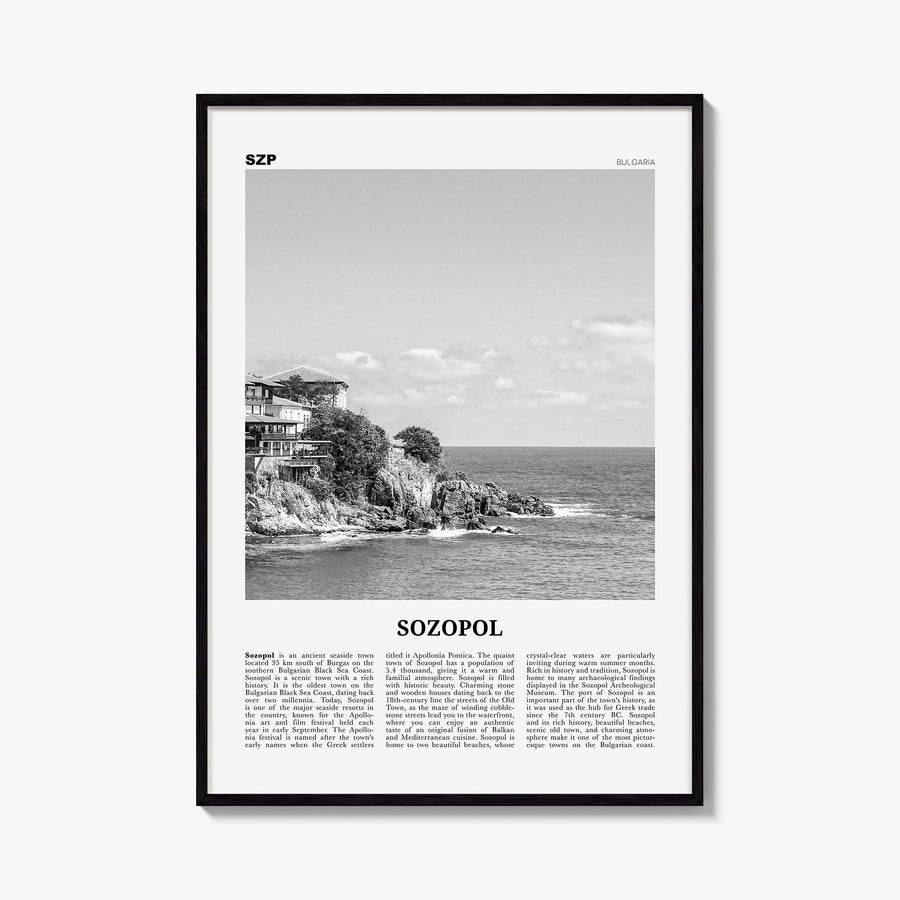 Sozopol black & white newspaper poster of Bulgaria – vertical wall art, unframed print shown in interior mockup