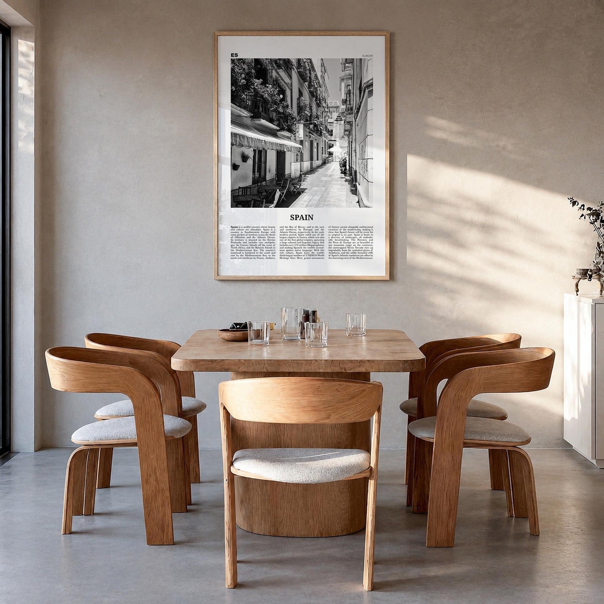 Spain no. 1 black & white newspaper poster of Europe – vertical wall art in natural wood frame, hanging on wall